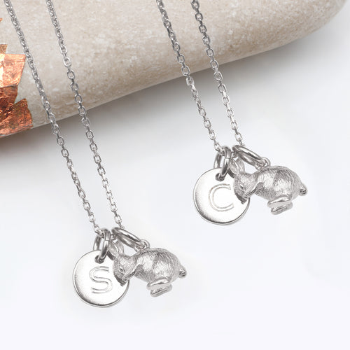 Silver Personalised Initial Disc Tiny Bunny Necklace