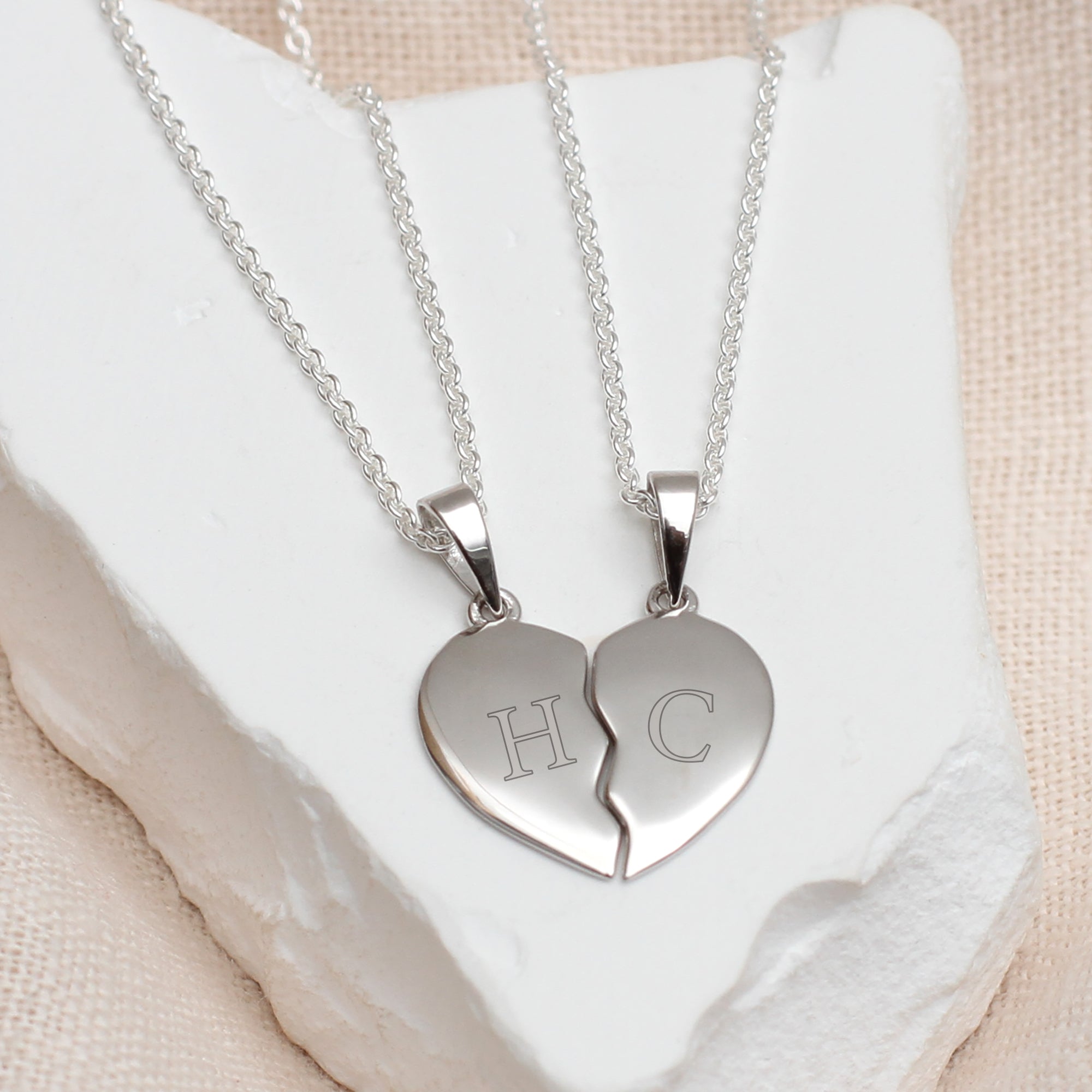 Personalised Sterling Silver Split Heart Friendship Necklace Set