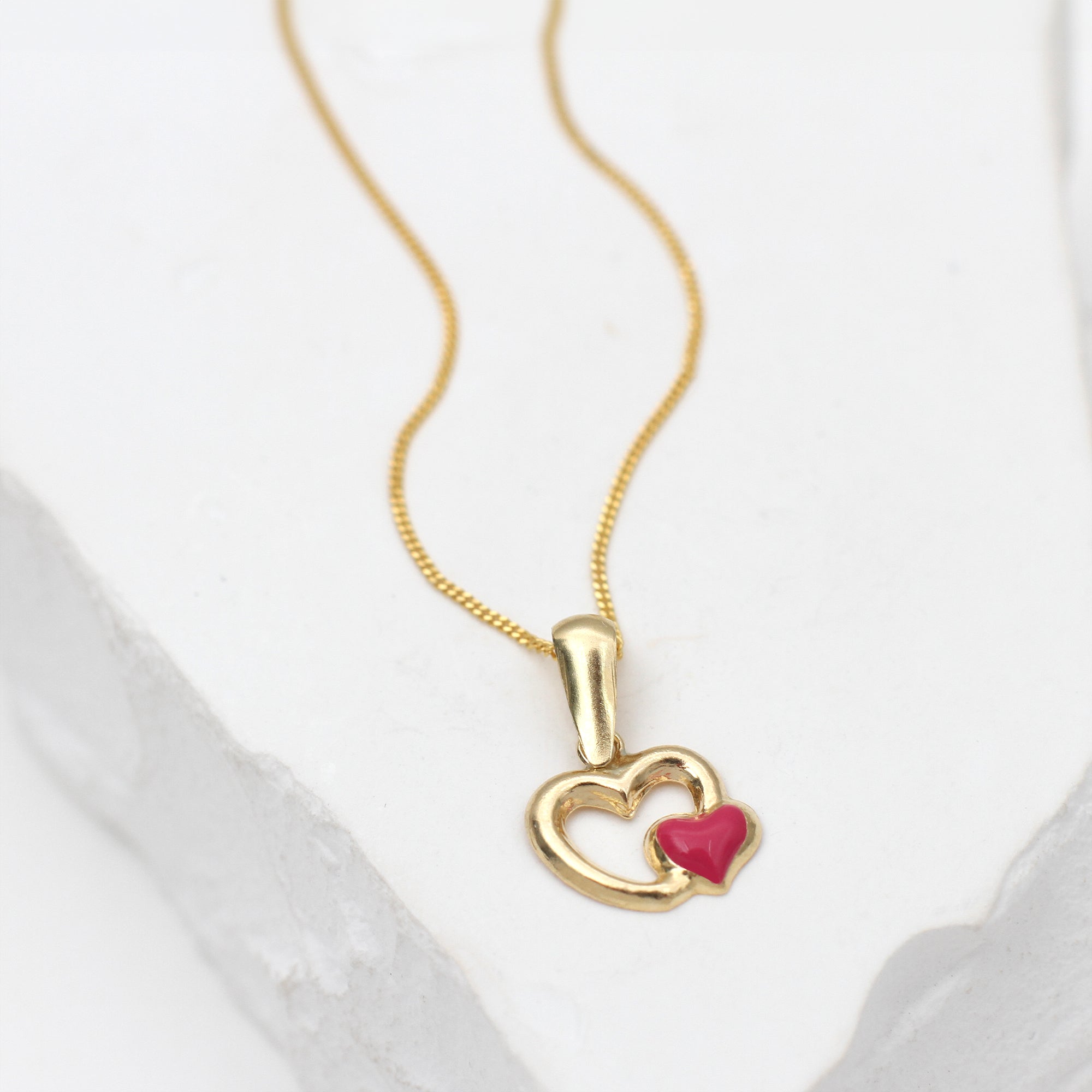 9ct Yellow Gold Pink Enamel Heart Necklace