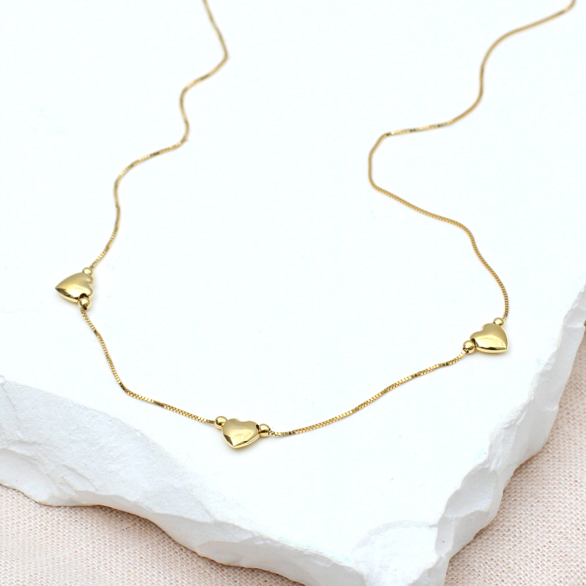 9ct Yellow Gold 3-Heart Charm Box Chain Necklace