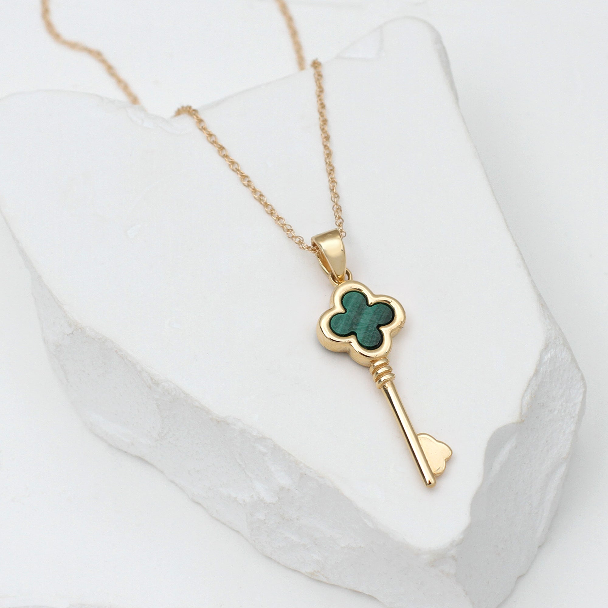 9ct Yellow Gold Malachite Clover Key Necklace