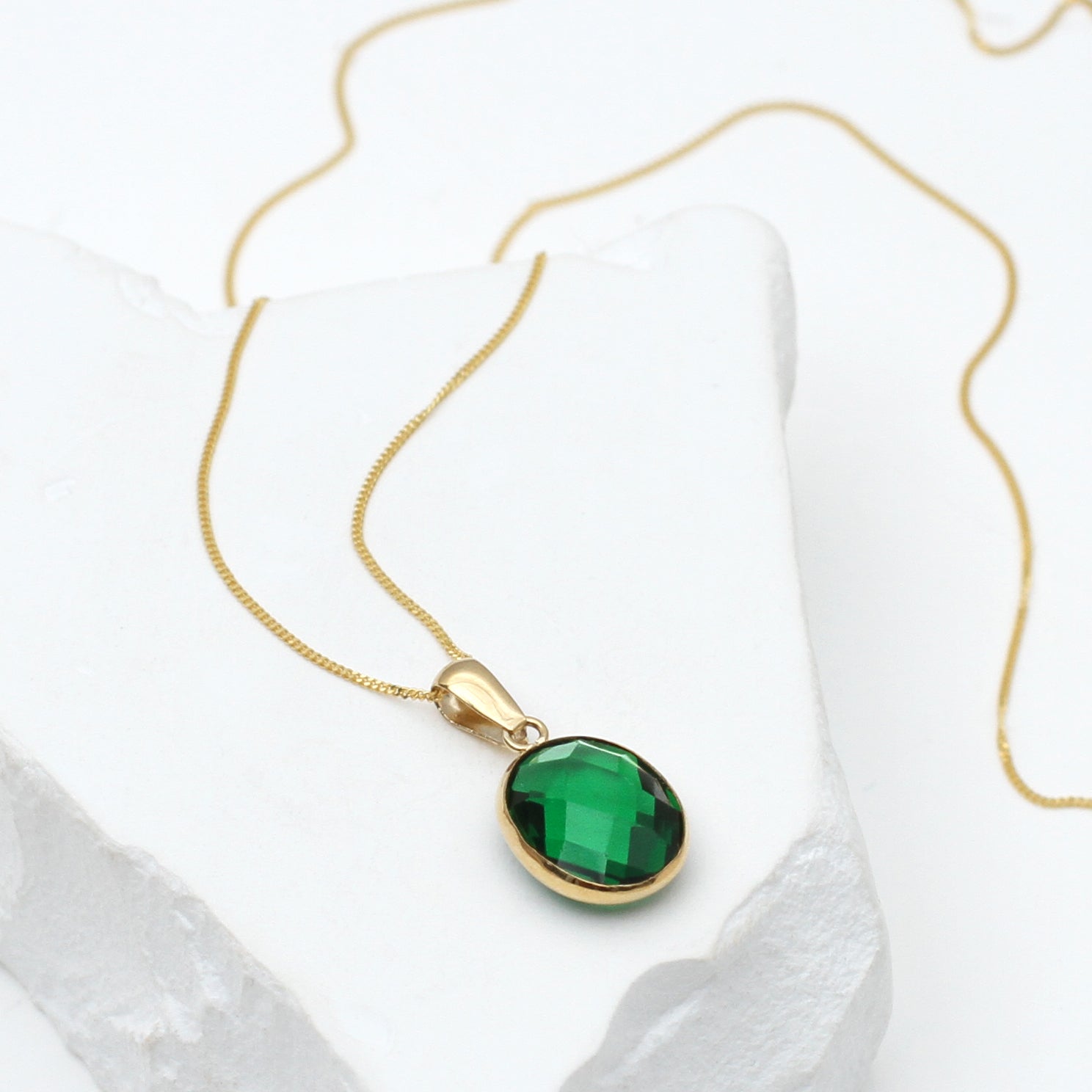 9ct Yellow Gold Green Swarovski Oval Drop Necklace