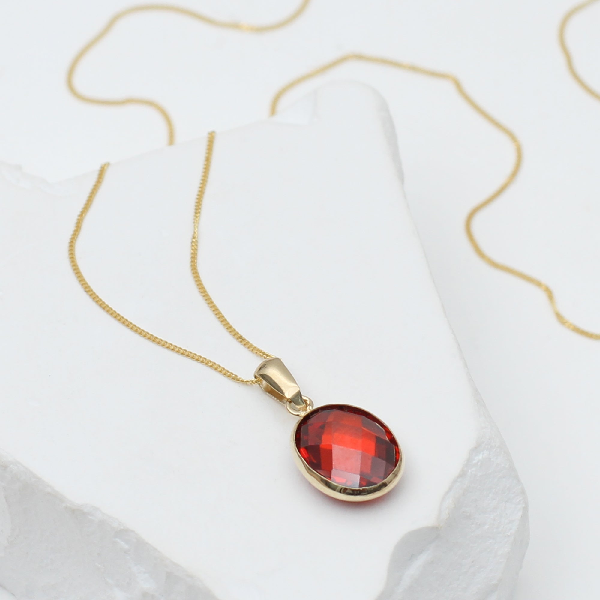9ct Yellow Gold Red Swarovski Oval Drop Necklace