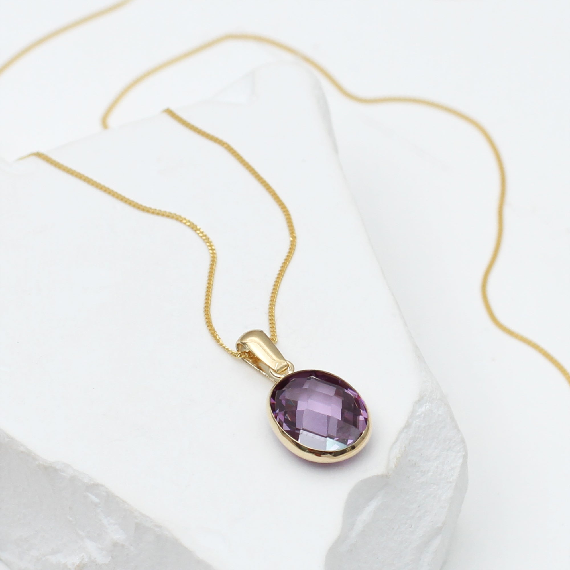 9ct Yellow Gold Purple Swarovski Oval Drop Necklace