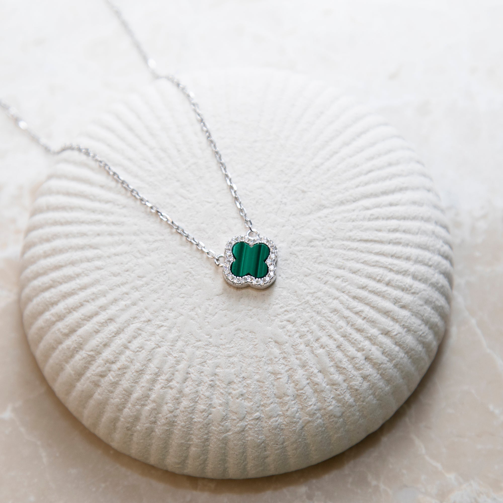 Personalised Sterling Silver Malachite Clover & CZ Necklace