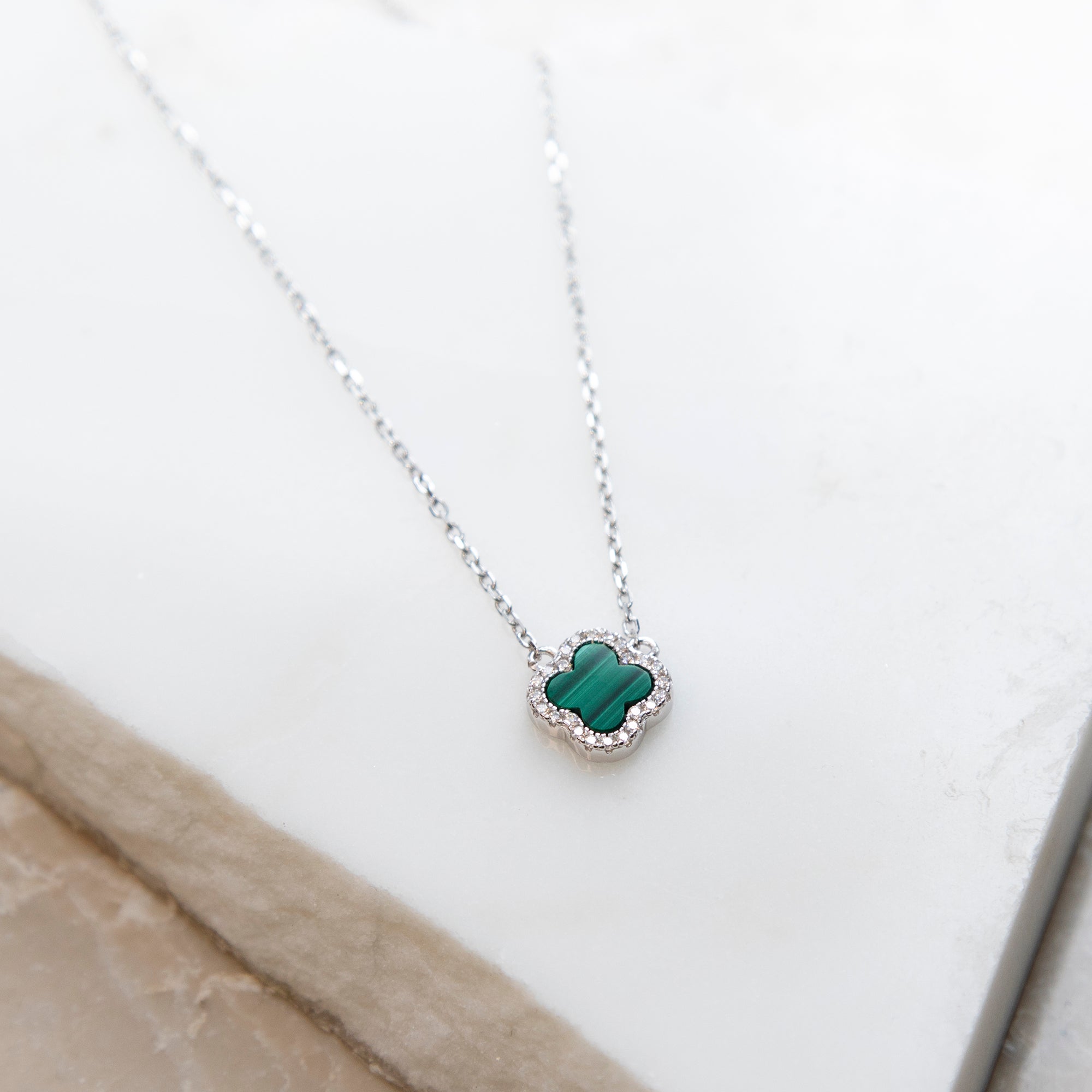 Personalised Sterling Silver Malachite Clover & CZ Necklace