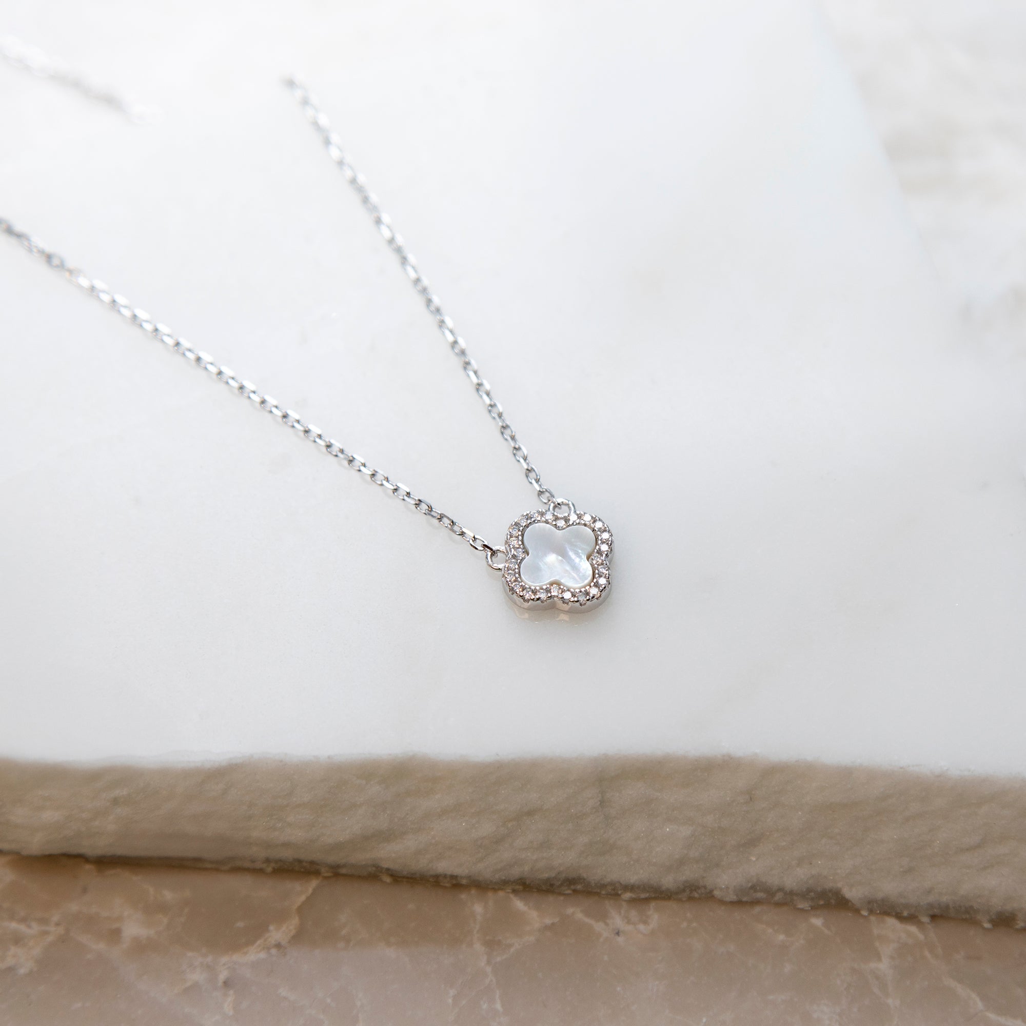 Personalised Sterling Silver Mother Of Pearl Clover & CZ Necklace