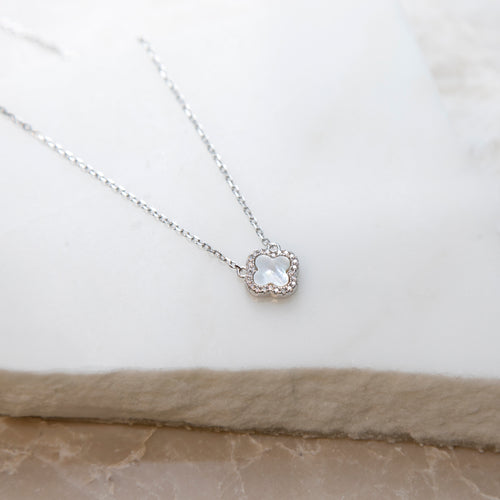 Personalised Sterling Silver Mother Of Pearl Clover & CZ Necklace