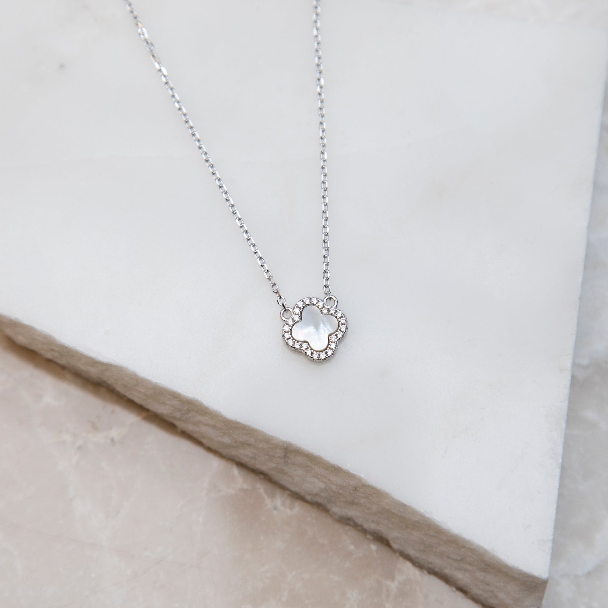 Personalised Sterling Silver Mother Of Pearl Clover & CZ Necklace