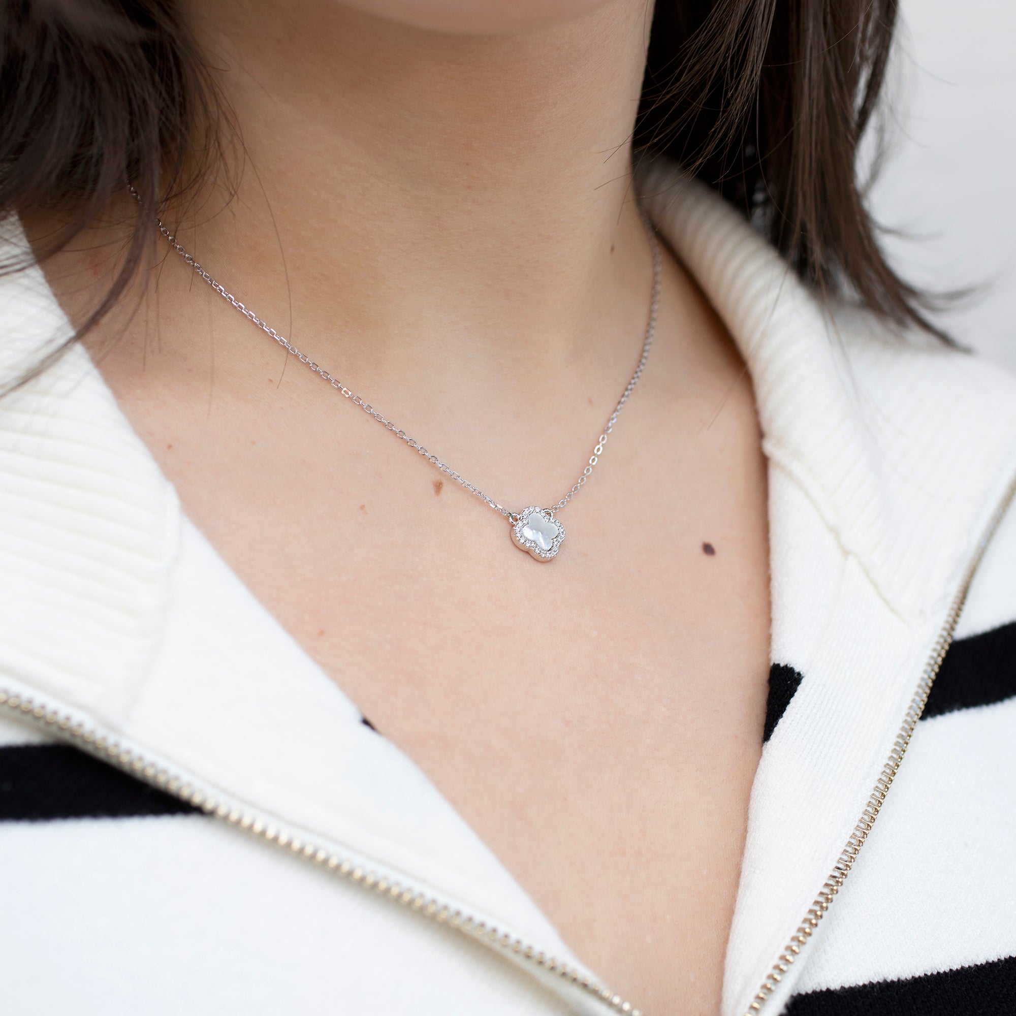 Personalised Sterling Silver Mother Of Pearl Clover & CZ Necklace
