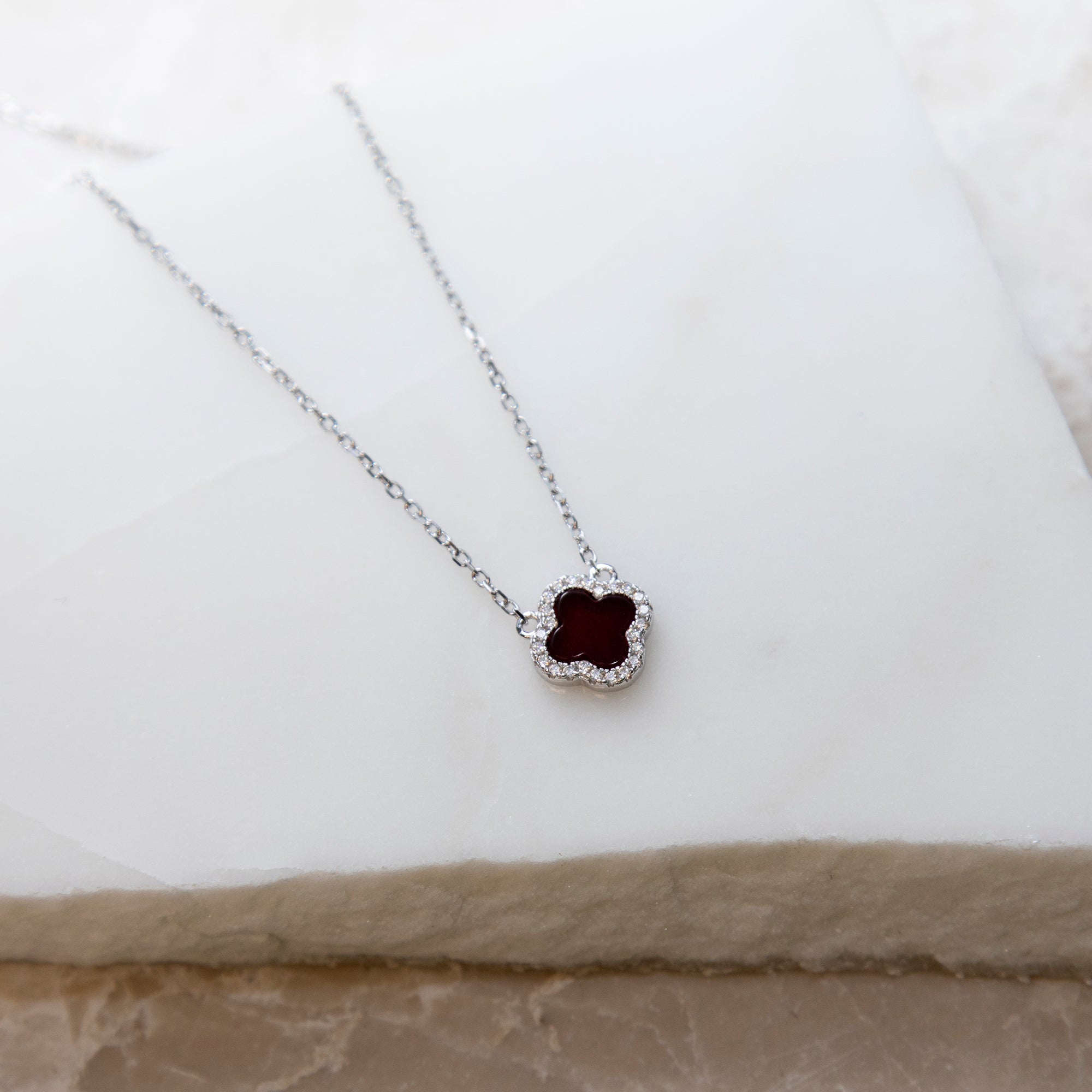 Personalised Sterling Silver Red Agate Clover & CZ Necklace