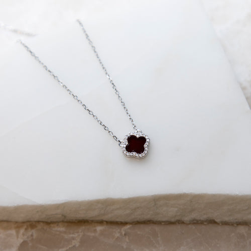Personalised Sterling Silver Red Agate Clover & CZ Necklace