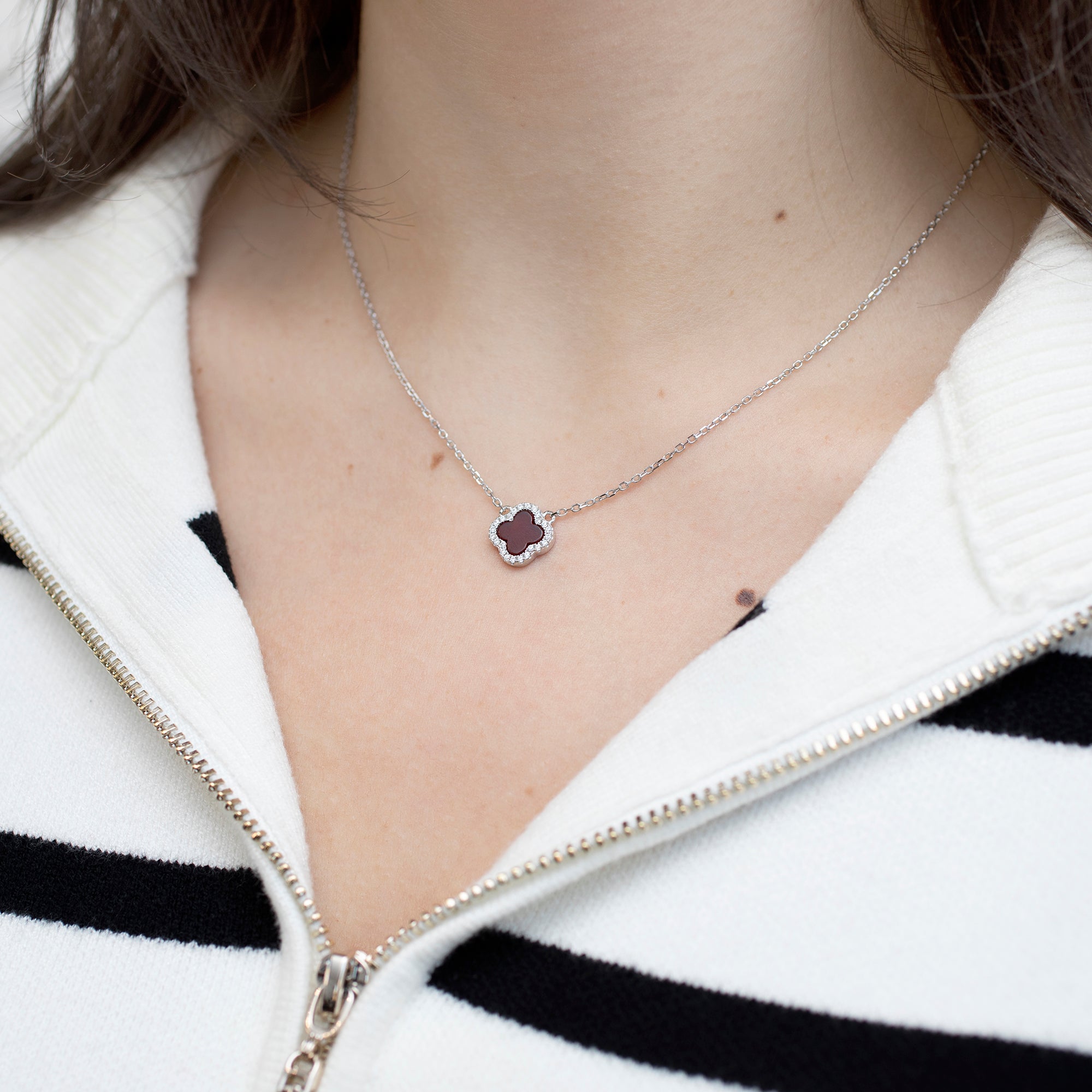 Personalised Sterling Silver Red Agate Clover & CZ Necklace