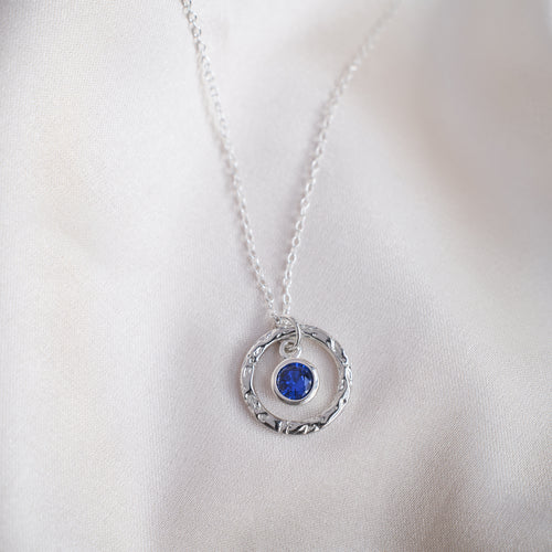 Personalised Sterling Silver Hammered circle and birthstone necklace