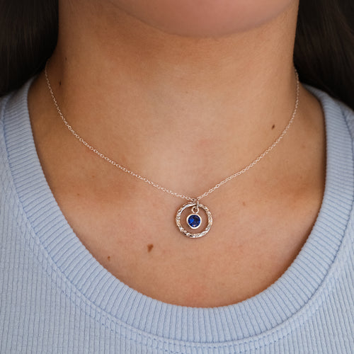 Personalised Sterling Silver Hammered circle and birthstone necklace