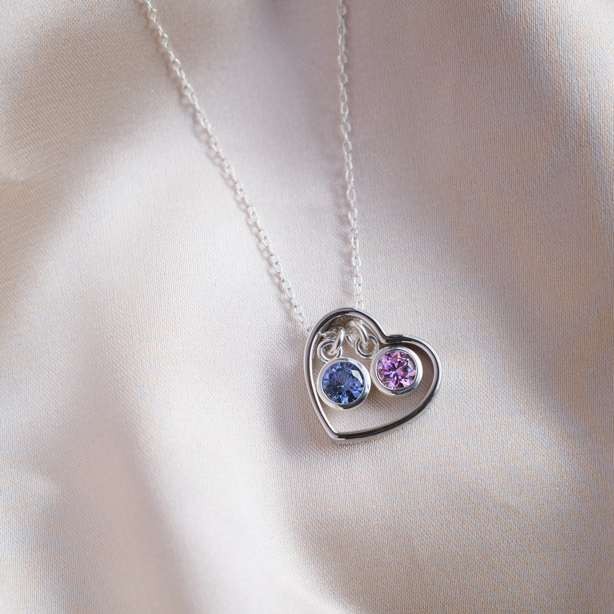 Personalised Sterling Silver Outline Heart and birthstone necklace
