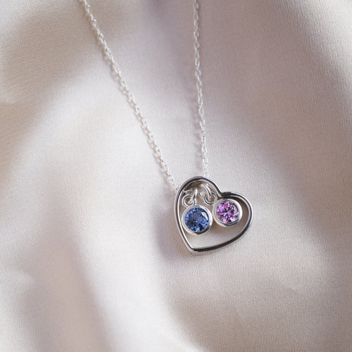 Personalised Sterling Silver Outline Heart and birthstone necklace