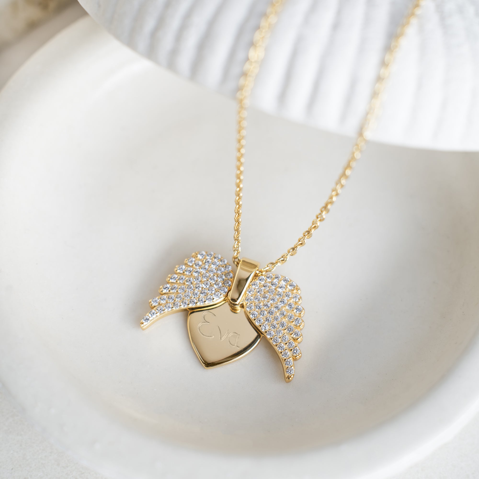 18ct Gold Plated or Sterling Silver CZ Open Wing Heart Necklace