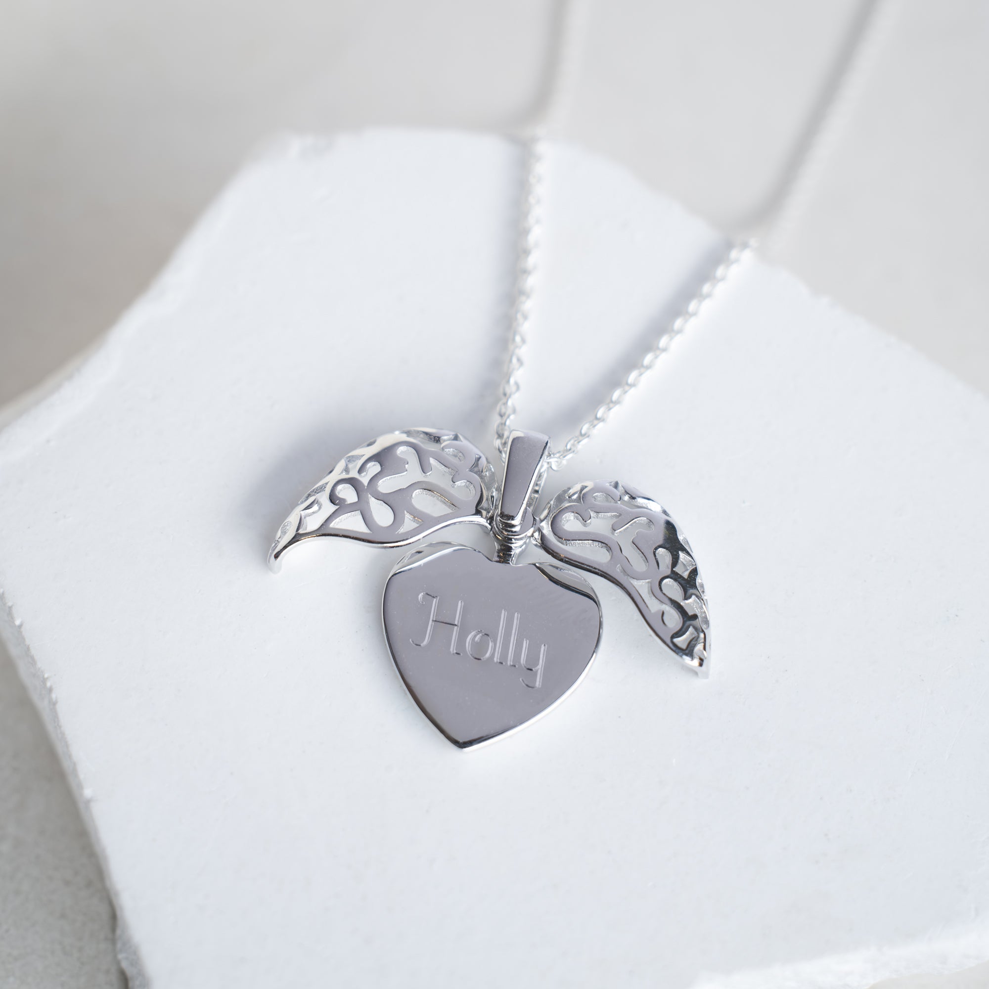 Personalised 18ct Gold Plated or Sterling Silver Filigree Heart Open Wing Necklace