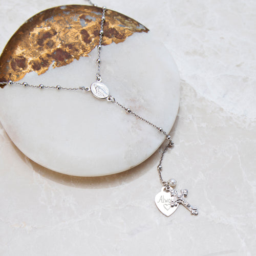 Personalised Sterling Silver Rosary Heart Necklace