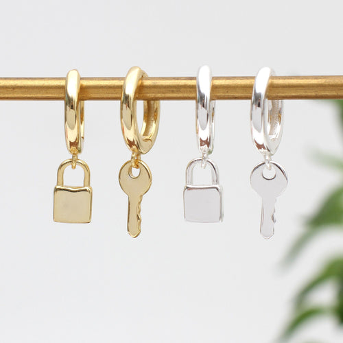 18ct Gold Plated Or Silver Lock And Key Hoop Earrings