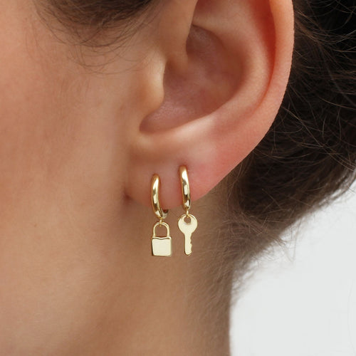 18ct Gold Plated Or Silver Lock And Key Hoop Earrings