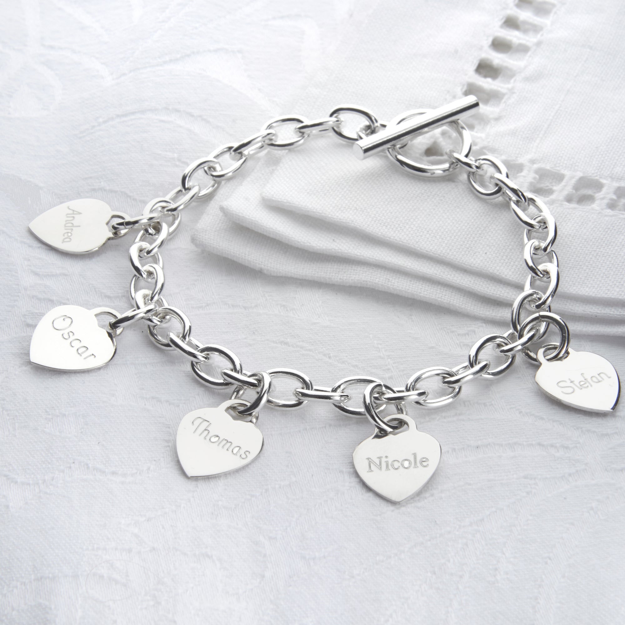 Personalised Sterling Silver Tiny Heart or Disc Charm Bracelet