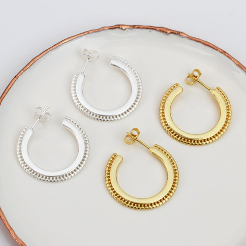 18ct Gold Plated Or Sterling Silver Flat Bead Hoop Earrings