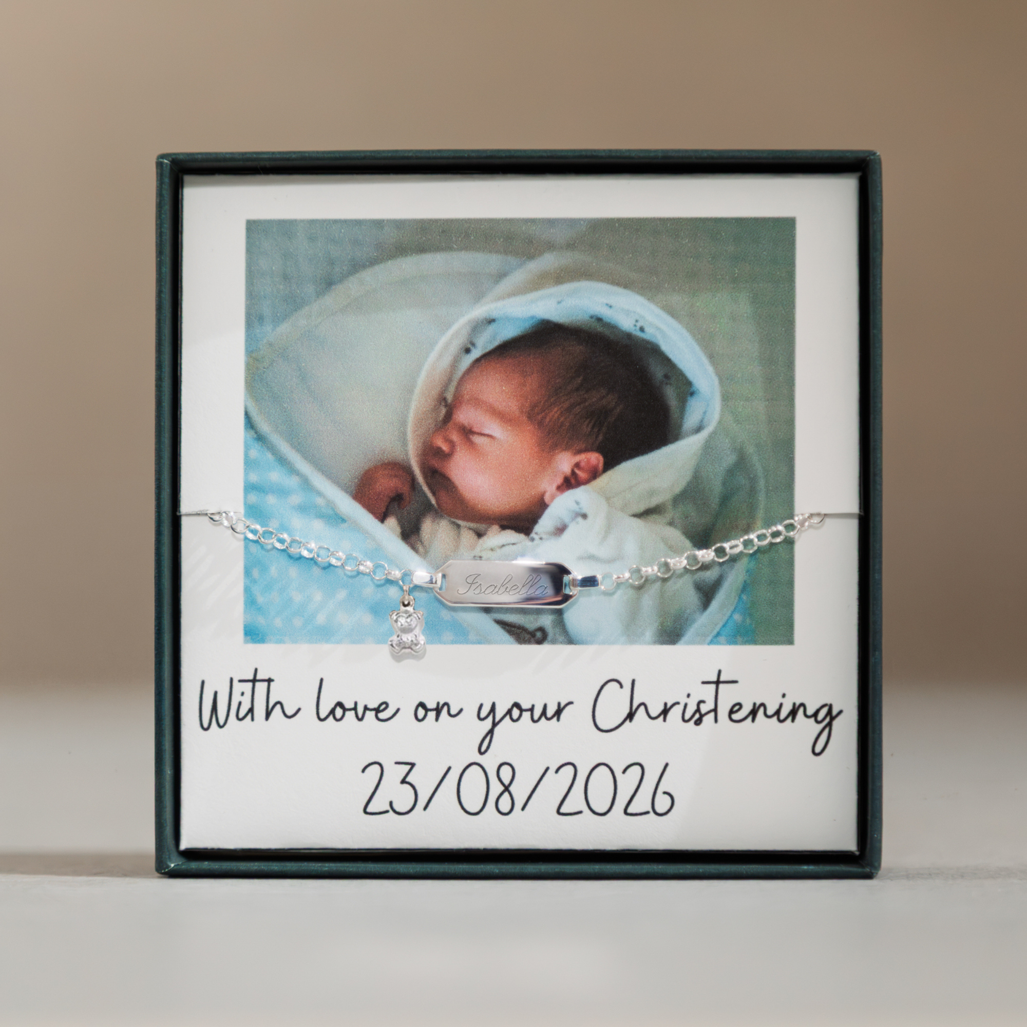 Baby's Personalised Sterling Silver Christening Bracelet with Photobox
