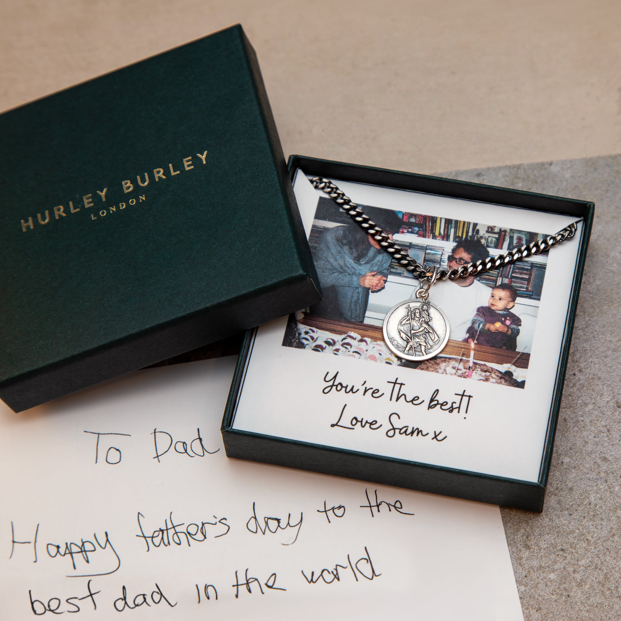 Necklace with pendant in a Hurley Burley box, accompanied by a photo and handwritten note.