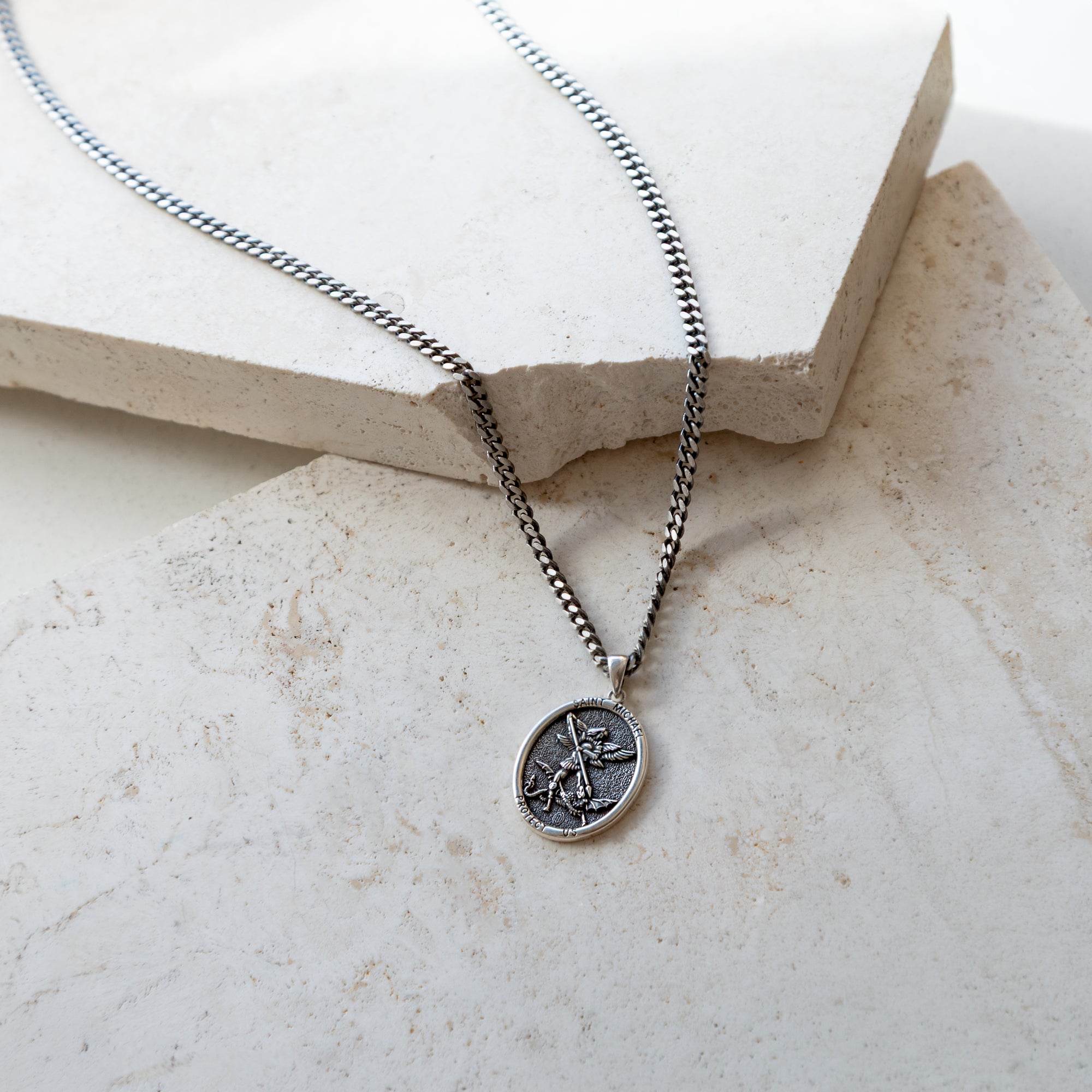 Sterling Silver Oxidised St Michael Curb Chain Necklace