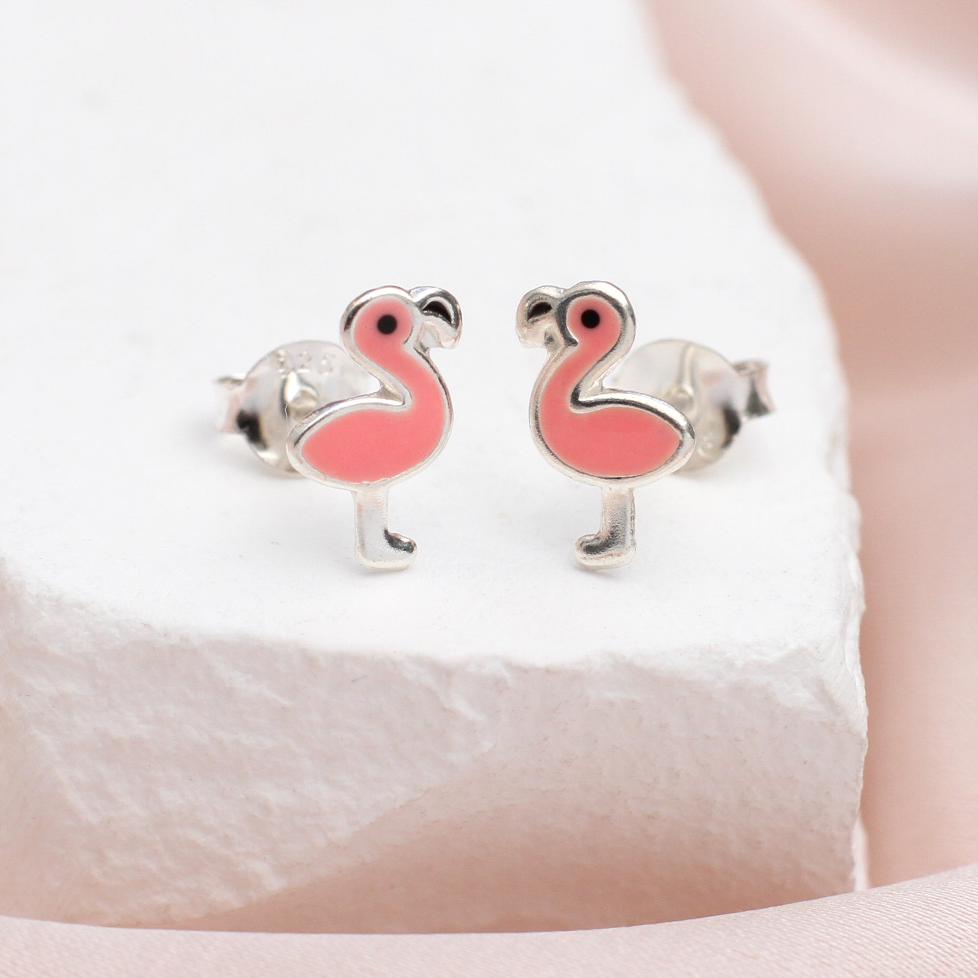 Sterling Silver Children's Pink Enamel Flamingo Stud Earrings