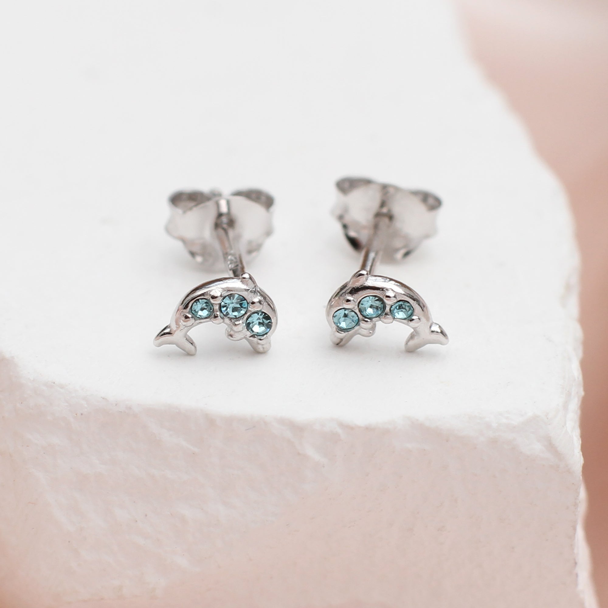 Sterling Silver Mini Dolphin Stud Earrings With Blue Crystal