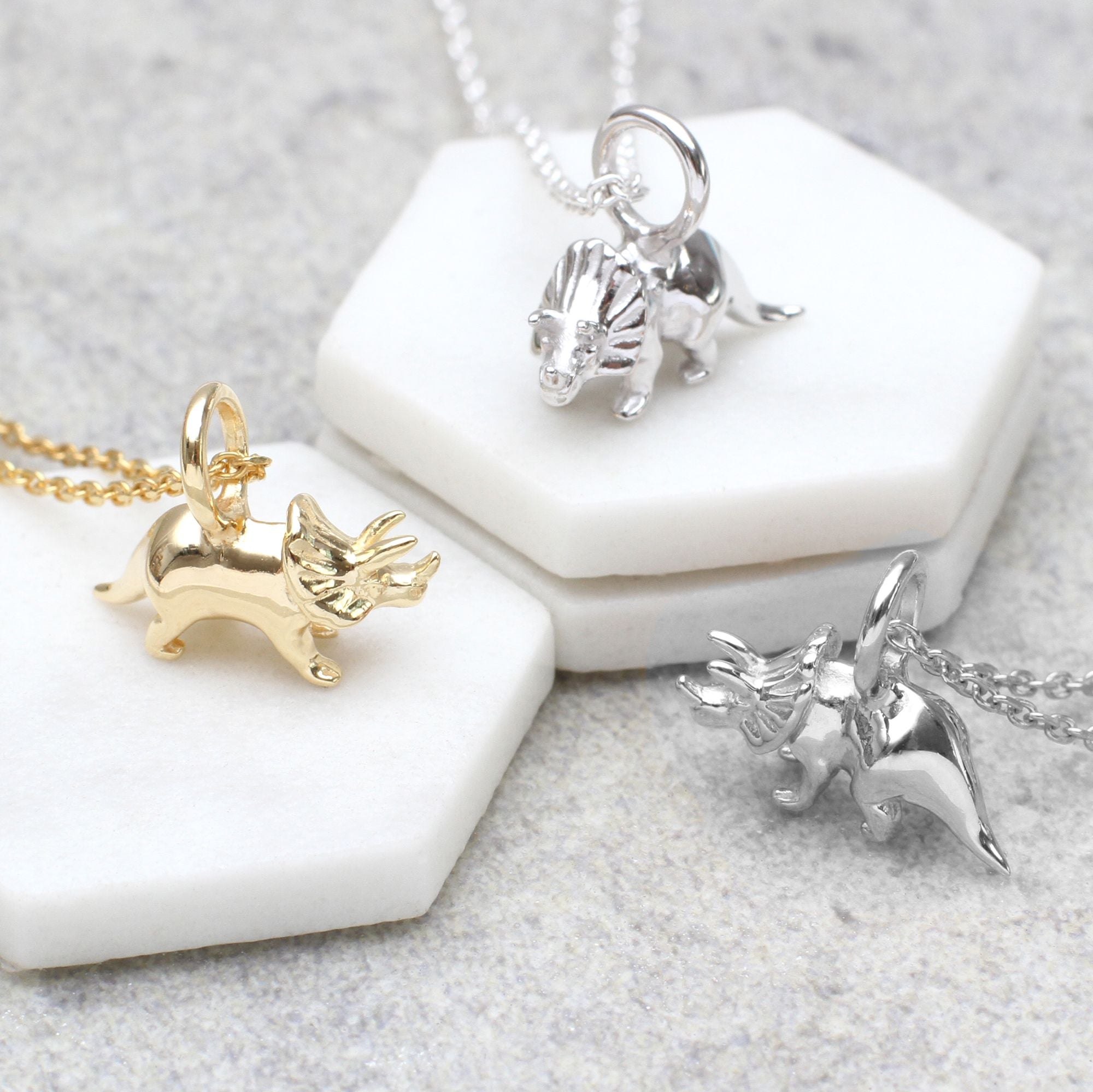 Sterling Silver or 18ct Gold Plated Mini Triceratops Dinosaur Necklace