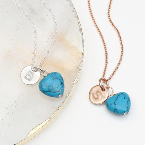 18ct Rose Gold Plated or Sterling Silver & Turquoise Heart Stone Necklace