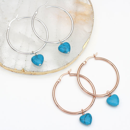 Sterling Silver or 18ct Rose Gold Plated Turquoise Stone Heart Hoop Earrings