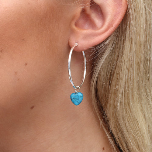 Sterling Silver or 18ct Rose Gold Plated Turquoise Stone Heart Hoop Earrings