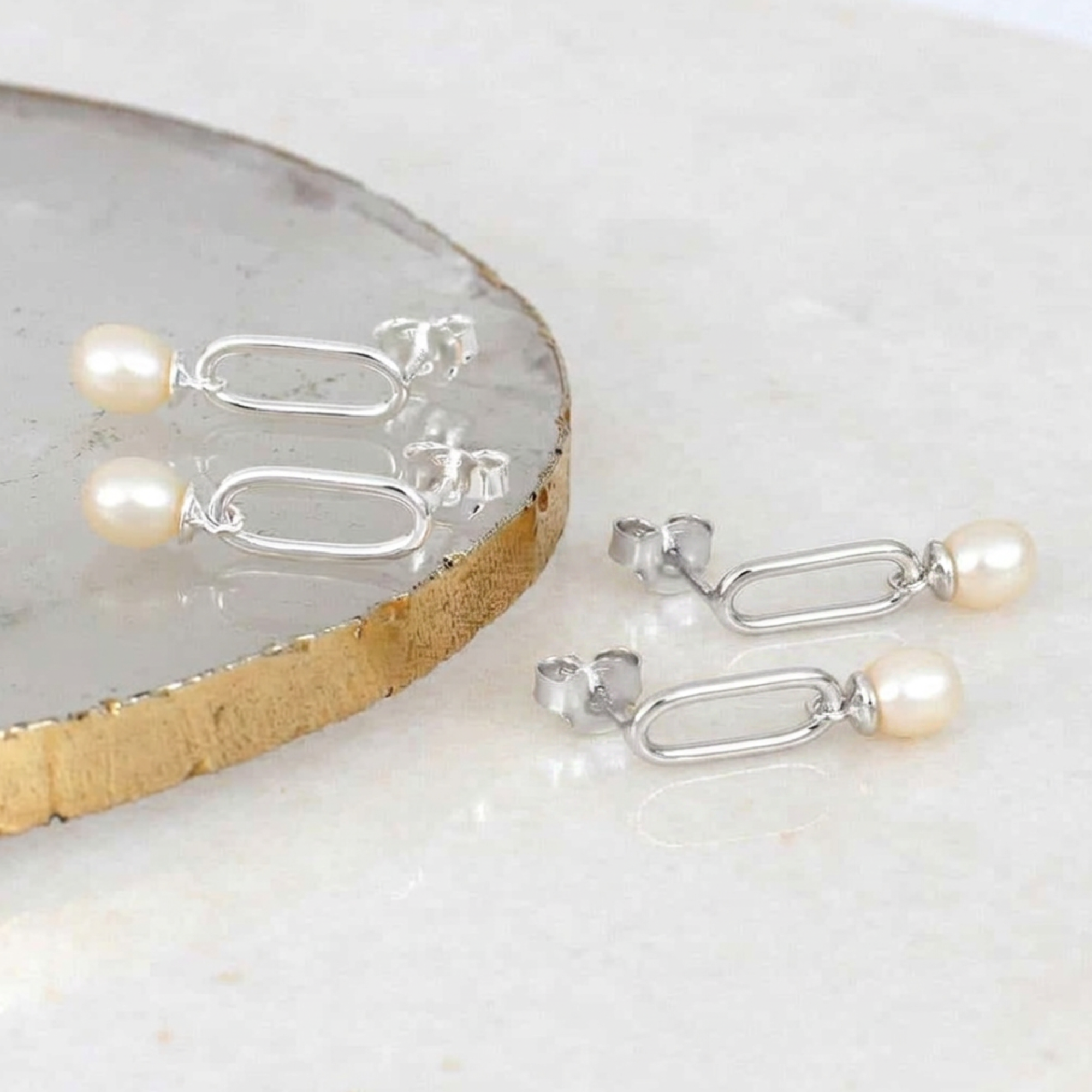 Sterling Silver Chain Link Pearl Earrings