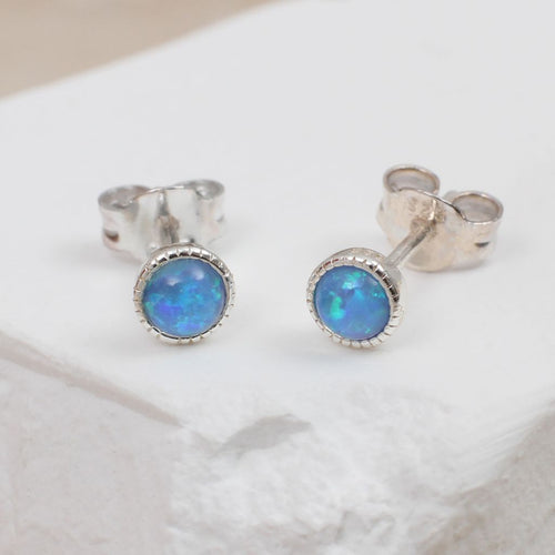 Sterling Silver Blue Round Opal Stud Earrings