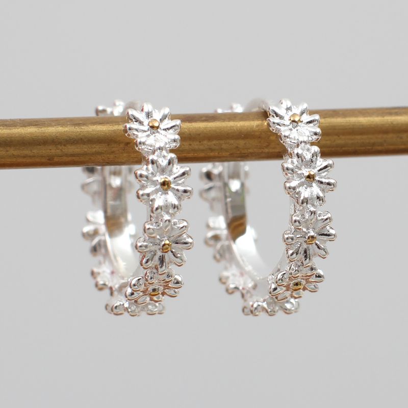 Sterling Silver Daisy Huggie Hoop Earrings