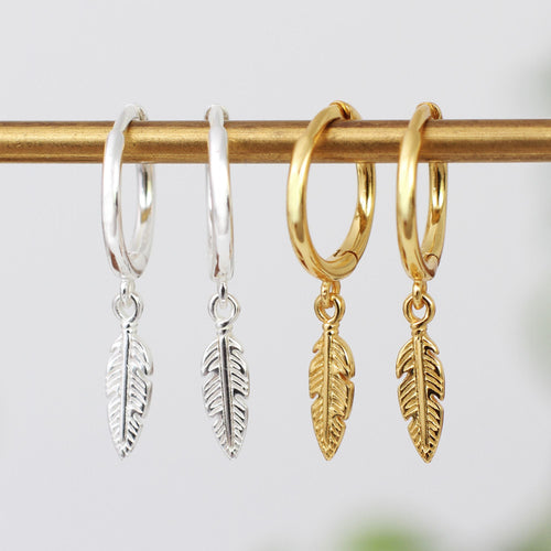 18ct Gold Plated Or Silver Huggie Hoop Feather Earrings