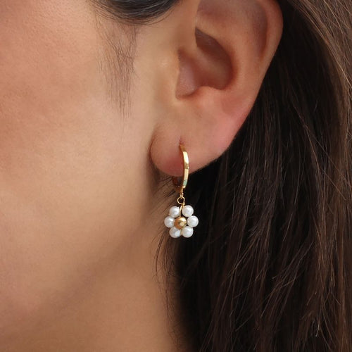 18ct Gold Plated Pearl Daisy Hoop Earrings