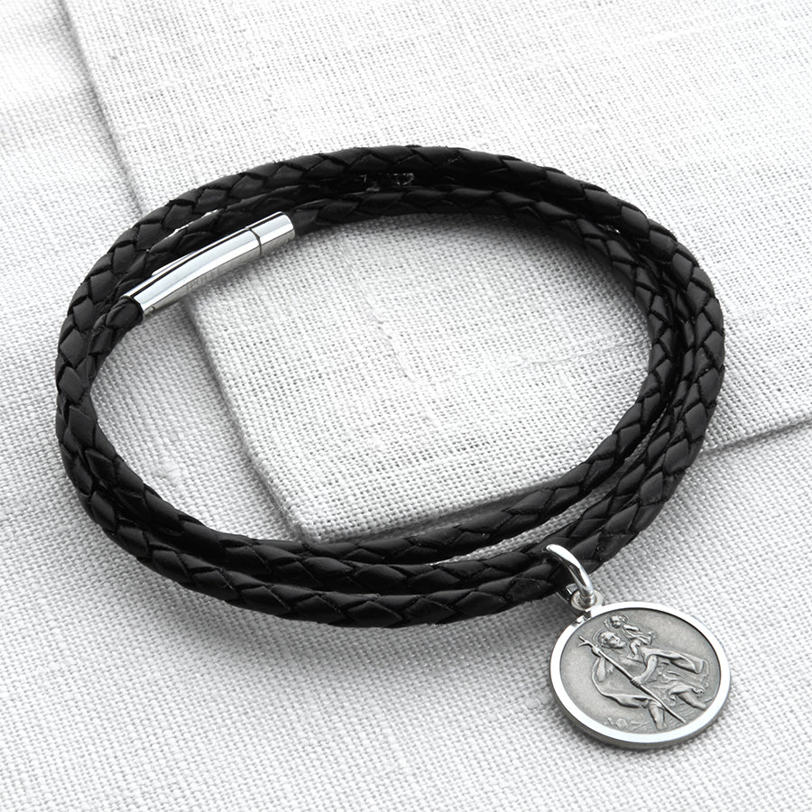 Plaited Leather And Silver St Christopher Wrap Bracelet