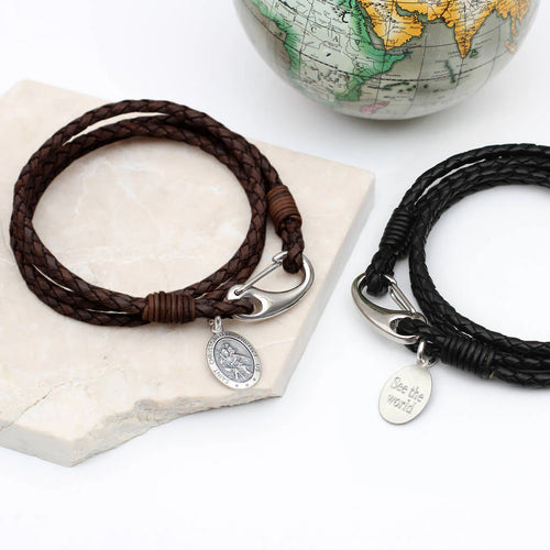 Personalised Leather And Silver St Christopher Bracelet