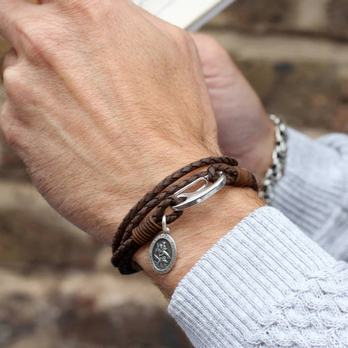 Personalised Leather And Silver St Christopher Bracelet