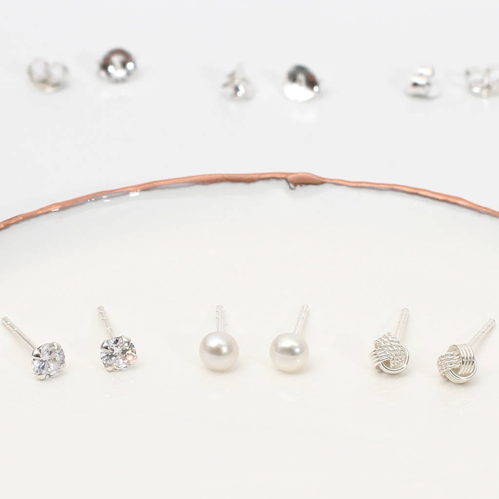 Set Of Three Sterling Silver Stud Earrings