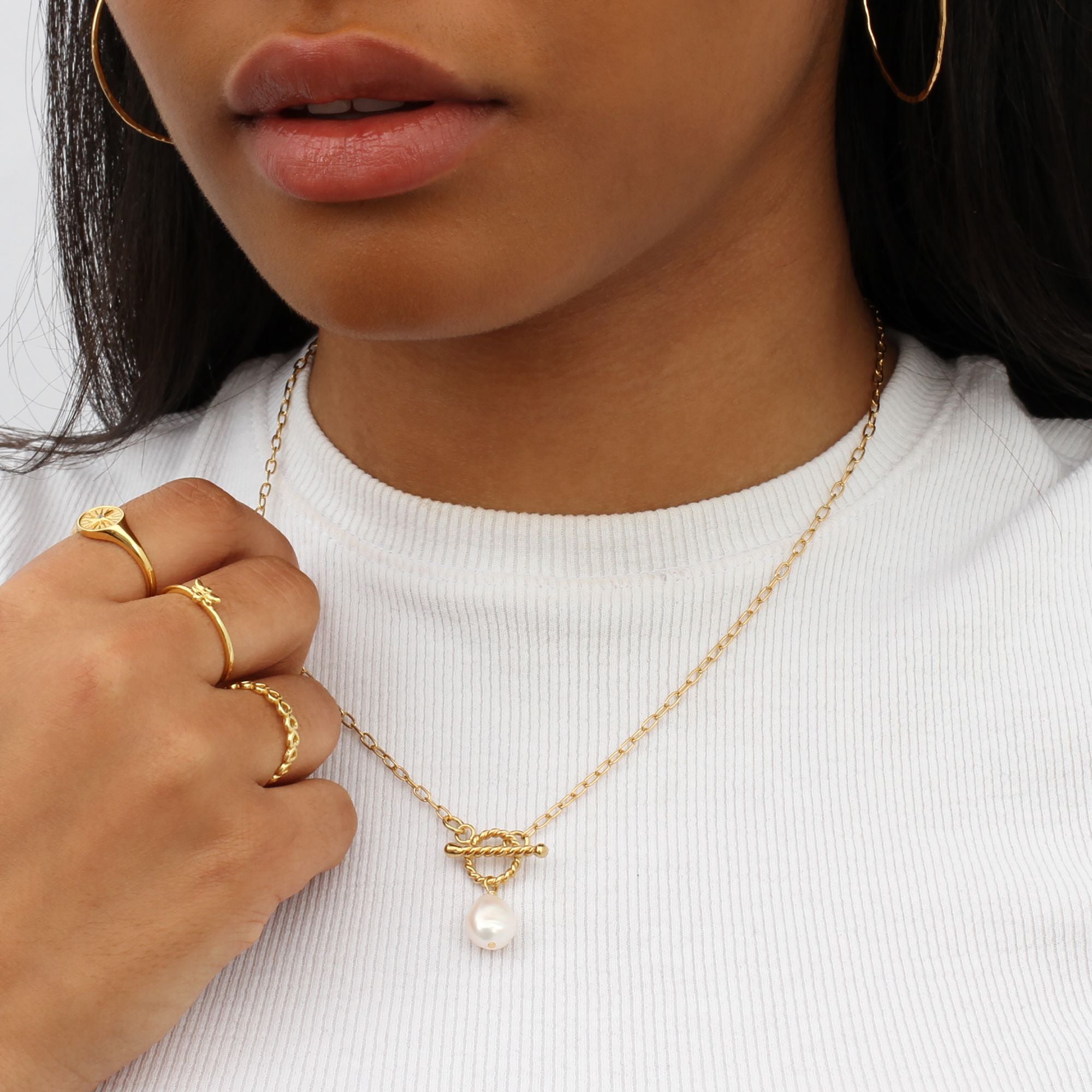 18ct Gold Plated Or Sterling Silver Lariat T Bar Necklace With Pearl