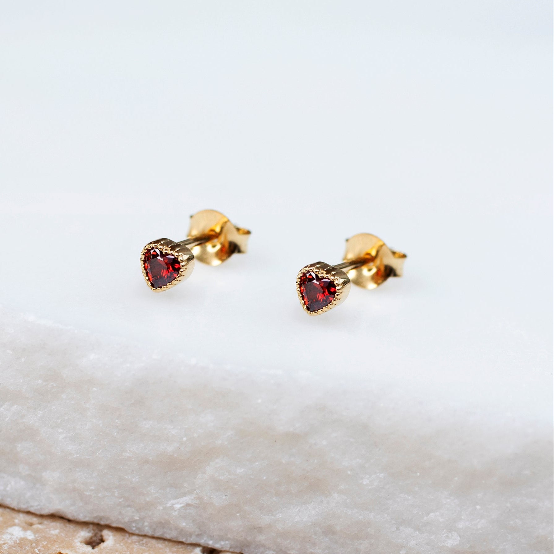 Sterling Silver or 18ct Gold Plated Mini Red Cz Heart Stud Earrings