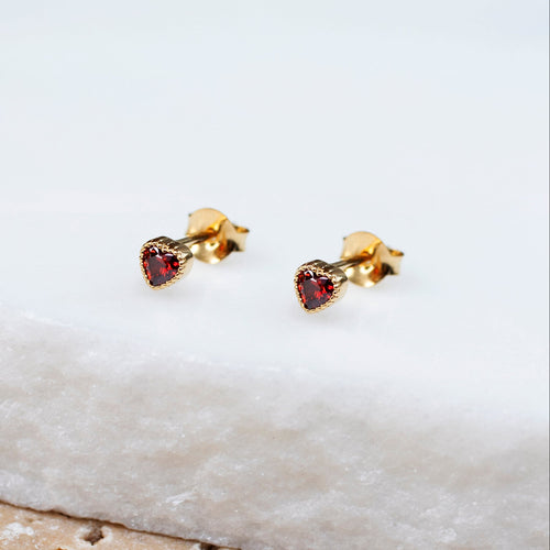 Sterling Silver or 18ct Gold Plated Mini Red Cz Heart Stud Earrings