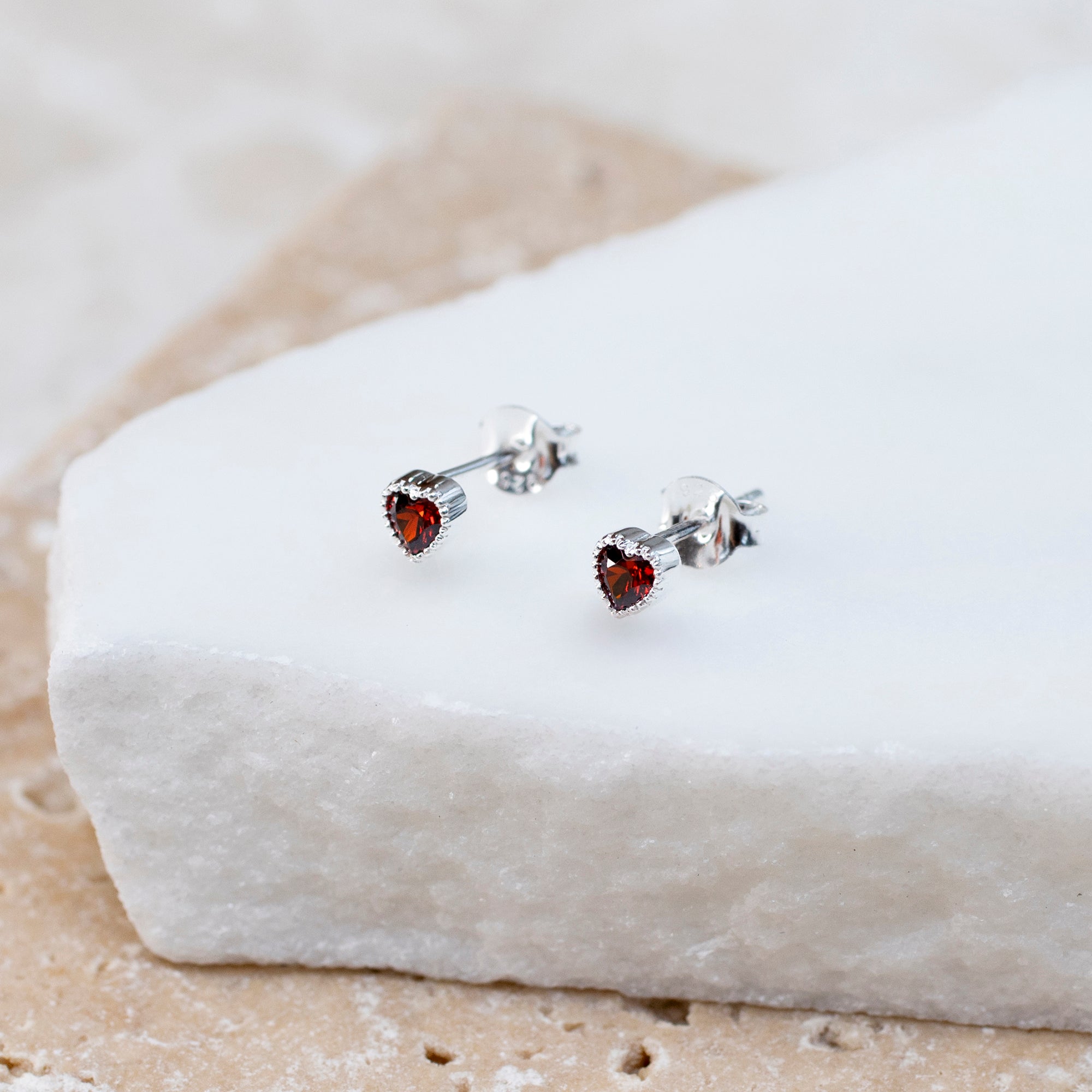 Sterling Silver or 18ct Gold Plated Mini Red Cz Heart Stud Earrings